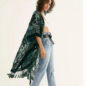 Green Velvet Kimono,l, Semi Sheer, Burn out, Roses, Flowers